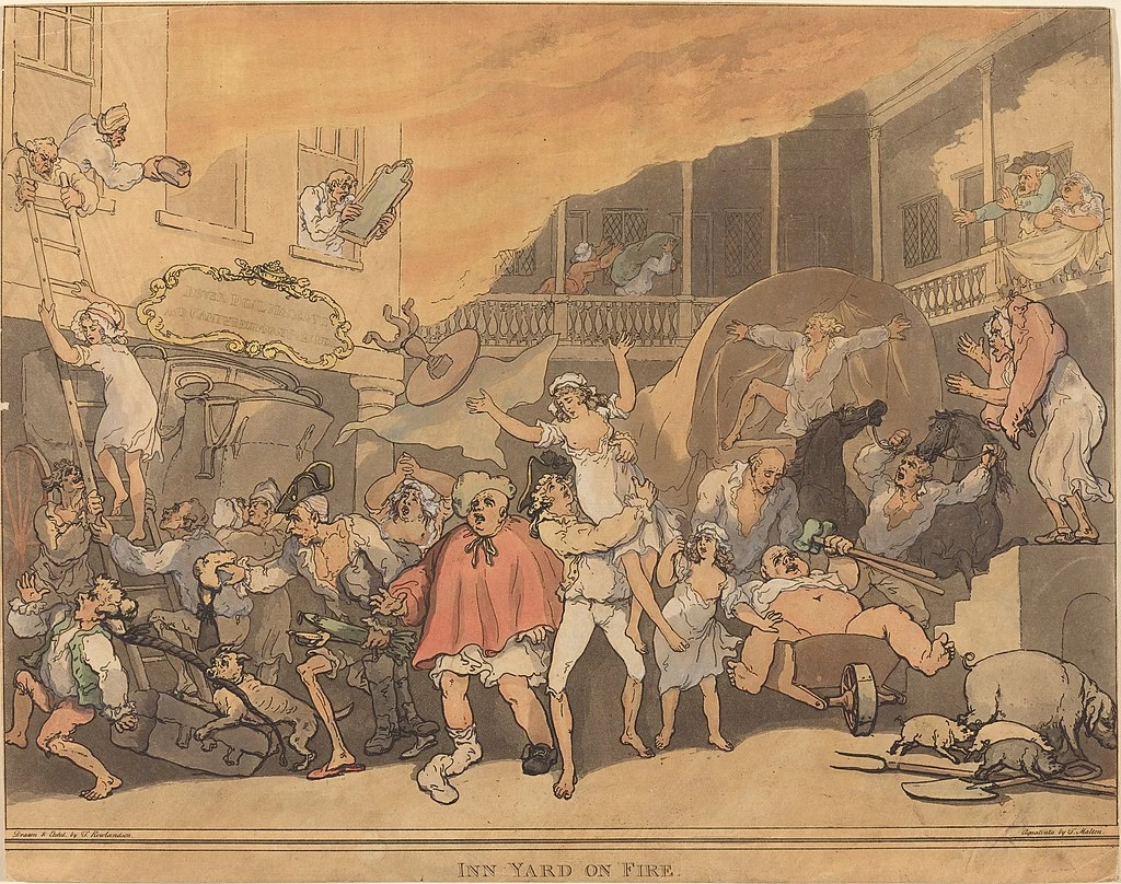 Thomas Rowlandson-86-Il cortile della locanda in fiamme